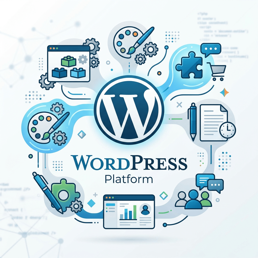 WordPress logo surrounded by icons representing design, plugins, ecommerce, content, analytics, and community