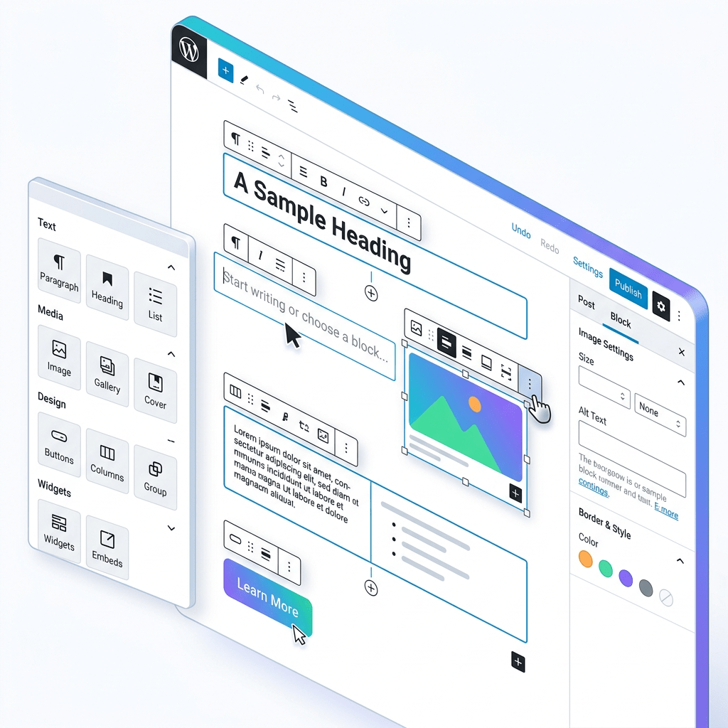 WordPress block editor interface with text and image blocks and editing toolbar